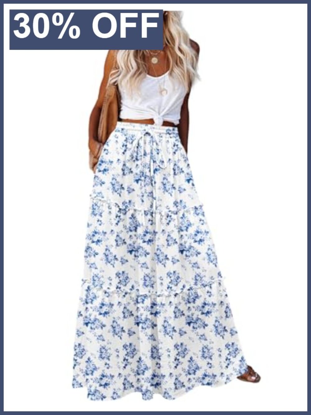Women's Maxi Skirt High Waist A-Line Flowy Tiered Pull-On Boho